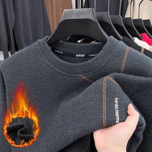 2024 autumn and winter new thick sweater men's trendy men's youth leisure warm round neck fleece-lined men's sweater