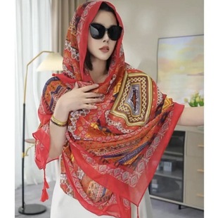 Yunnan Qinghai Tourism Silk Scarf Summer High Sense Women's Mid-length Outer Wearing Vintage Ethnic Style Sunscreen Buckle Shawl