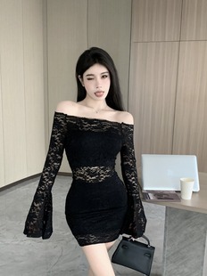 Sexy Spice Girl Open Shoulder Hollow Shoulder dress Women's Spring and Autumn New Slim Fit Trumpet Sleeve Lace Hip Skirt