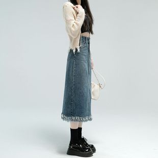 Foreign-style high waist tassel rear split Denim skirt women's 2024 spring new slim A- line hip mid-length skirt