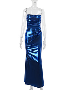 Spring 2025 New Fashionable One-character Collar Shoulder Shining Tight Hip Banquet Strapless dress