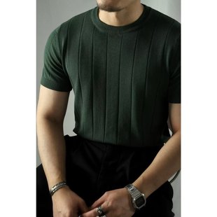 Cross-border Amazon Knitted Crewneck Slim-fit Short-sleeved Shirt Men's Pullover Handsome Casual Summer Trendy All-match Top