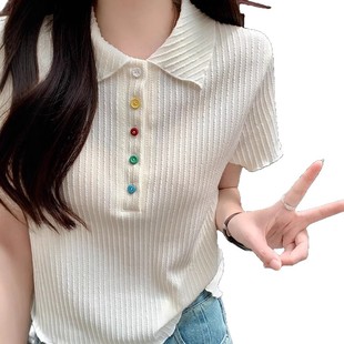 Sweet apricot Polo Shirt Laps Short-sleeved T-shirt Women's Summer Colorful Button-down Waist Small Slim-fit Beautiful Top