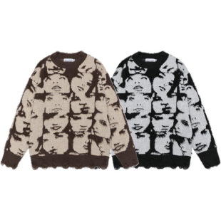 Belloch Fashion Brand New Figure Pattern Imitation Mink Wool Soft Glutinous Sweater Men's and Women's Loose Couple Sweater Round Neck
