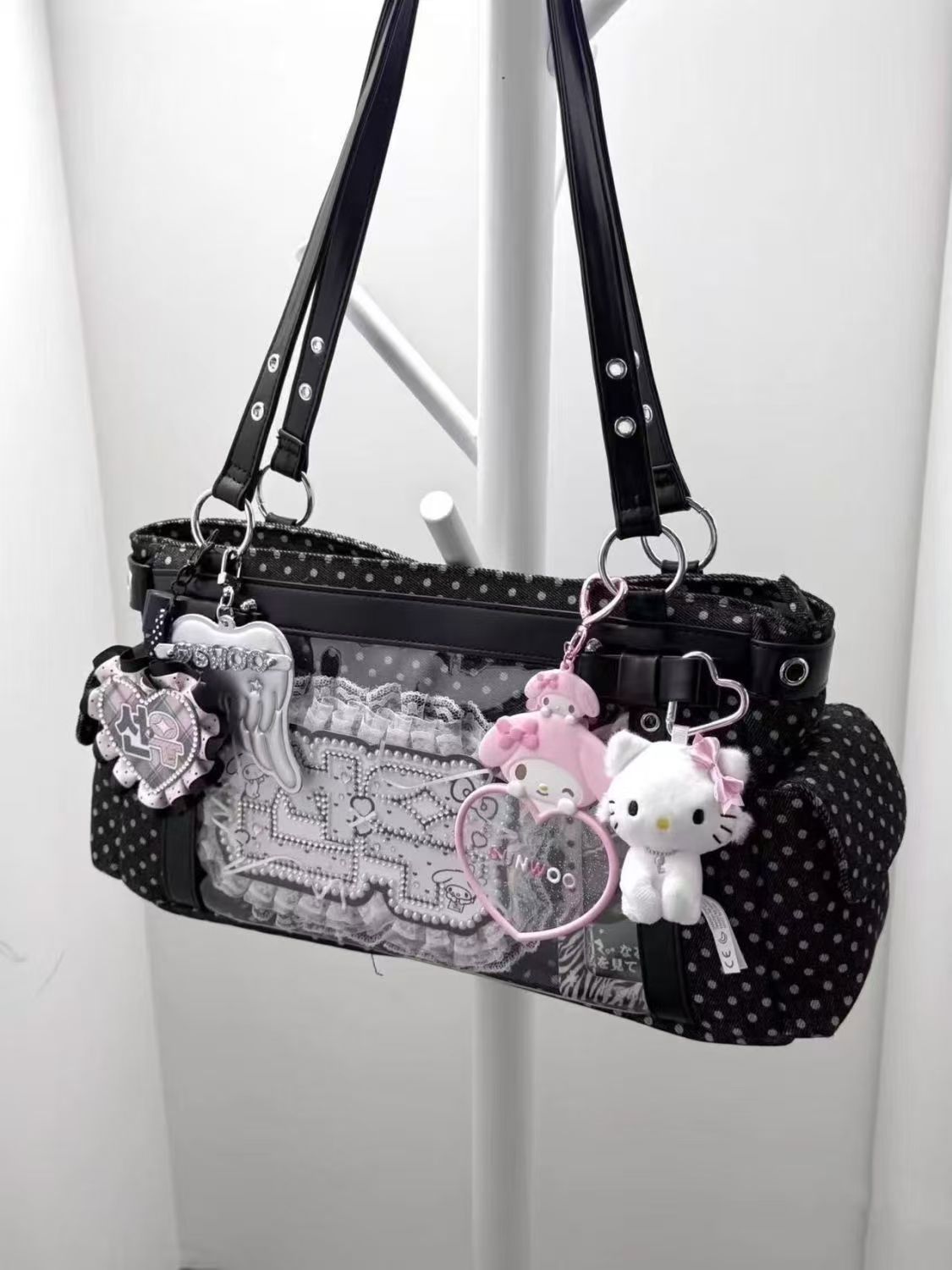 Japanese anime style polka dot ita bag, 2025 new style, preppy JK uniform bag, everyday tote bag for women.
