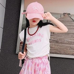 Girls Cargo Pants suit Summer Loose Love Pants Printed Drawstring Small Vest Two-Piece Set New.