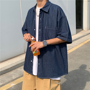 2022 Summer Denim Shirt Men's Short-sleeved Casual Trendy Hong Kong Style Japanese Style Loose Retro Fashionable Brand Handsome Thin Coat