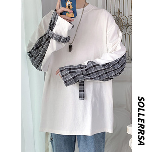 Dark Men's online celebrity fried street sweater men's design loose top casual plaid long sleeve t-shirt round collar fashion