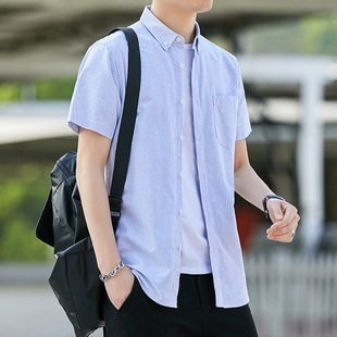 Dongyu Men's Spring and Summer Casual Oxford Short-sleeved Shirt High-end Sense Youth Popular Japanese Shirt Striped Shirt