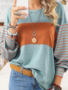 2024 Amazon European and American cross-border spring new casual comfortable striped contrast color long sleeve T-shirt for women