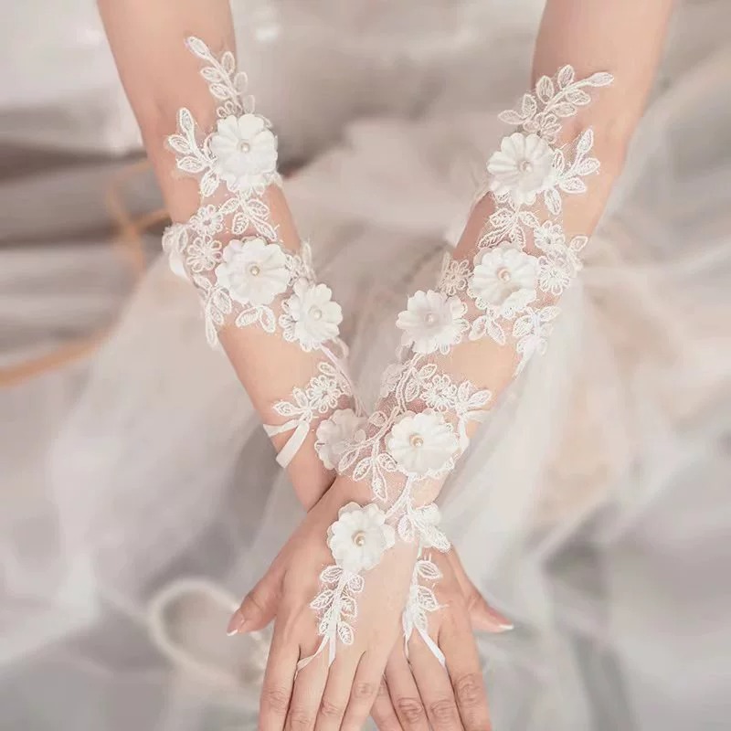 Cross-Border Bride Wedding Short Lace Embroidered Pearl Gloves Cosplay Lolita Lace-Up Fingerless Gloves