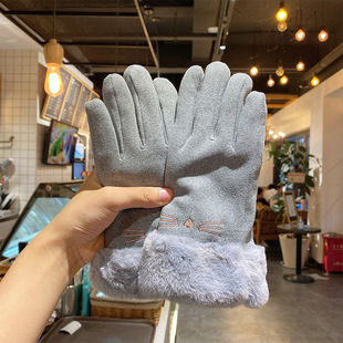 2023 New Embroidered Finger Gloves Women's Winter Suede Warm Thickened Korean-style Travel Students Cold-proof Touch Screen