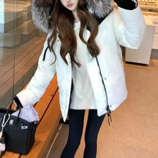 2024 Autumn and Winter Korean Style Elegant Silver Fox Fur Collar Stitching Hooded Loose Jacket Down Cotton-padded Jacket for Women