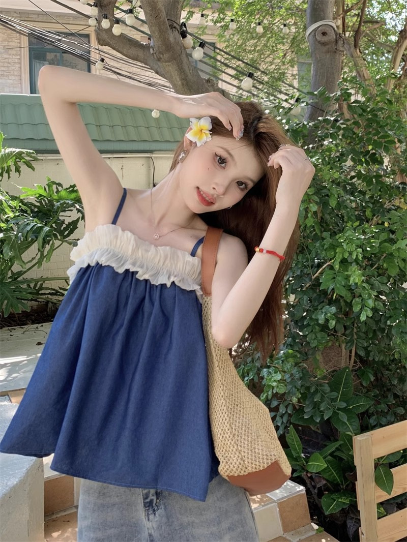 여성을위한 달콤한 핫 소녀 프릴 스플 라이스 캐미솔 여름 새로운 휴가 오프 숄더 루즈 민소매 탑 디자인