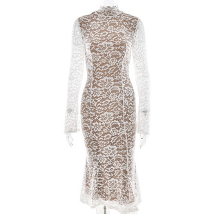 Europe and the United States cross-border hot new French hip dress lace long sleeve round neck fishtail slim dress