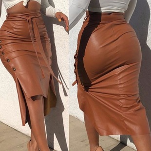 European and American Foreign Trade Leather Skirt Amazon Women's Split Slim-Fit Mid-Length Sheath Skirt PU Skirt