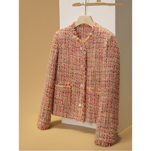 Wool tweed Chanel style coat pink 2024 spring new high-end women's clothing short Burr