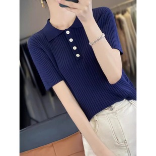Douyin Kuaishou Dropshipping 2024 Summer New Navy Blue Pit Short polo Collar Tencel Short Sleeve Women