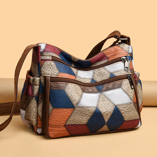 Foreign Trade New Middle-Aged Mother Crossbody Women's Bag with Contrasting Colors Women's Fashion Bag Multi-Layer Zipper Single Shoulder Crossbody Bag