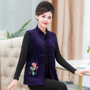 Spring and Autumn Thin Outer Vest Middle-aged and Elderly Women's Ethnic Style Elegant Mother's Short Vest Top
