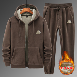 Cross-border winter New fleece-lined thickened suit men's lambswool hooded sweater cotton pants casual sports warm suit