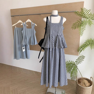 [WW] Shahe Summer Korean Fashion Design Plaid Camisole High Waist Joker Skirt suit 5010