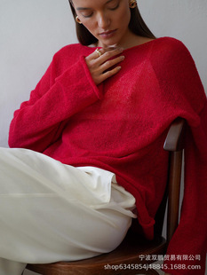 Cross-border European and American-style Autumn New Hollow Knitted Top 2024 New Round Neck Perspective Thin Sweater for Women