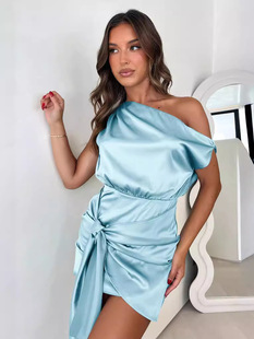 2024 European and American Summer New Pleated dress Strap Sexy Oblique Collar Shoulder Short Sleeve Cross-border Women's Wear