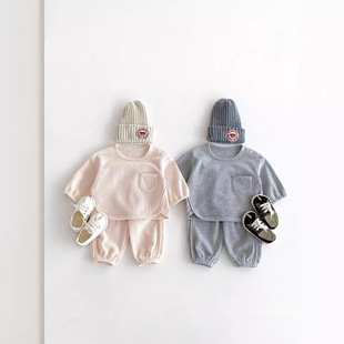 Baby's Autumn Waffle suit Baby's Autumn Clothes Western Style Long Sleeve Top Casual Trousers Two-Piece Set for Men and Women