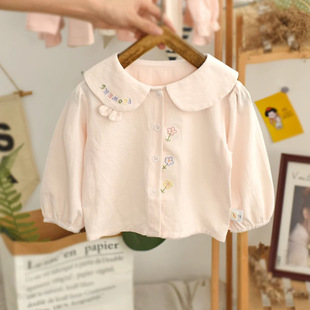 Spring and Autumn Women's Children's Clothing Shirt Baby's Western Style Children's Personality Trendy Internet Popular Fashionable Korean Style Flower Doll Collar White Shirt