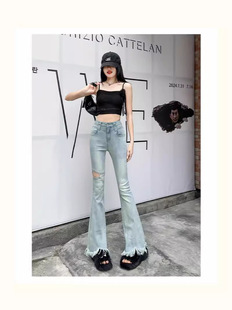 light blue Hollow-out Hole Micro-flared Jeans Women's Summer Thin High Waist Fringe Tassel Slim-fit Hip Lace Trousers
