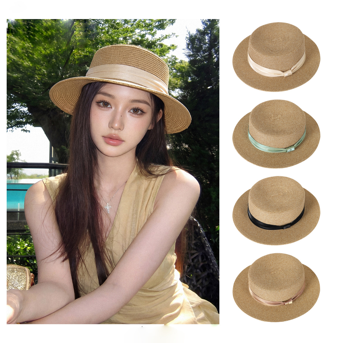 French-Style Satin Light Luxury Straw Flat-Top Hat for Women, Spring and Summer Sun Protection, Vacation Style, Light Luxury Hat, Versatile for Summer Outings