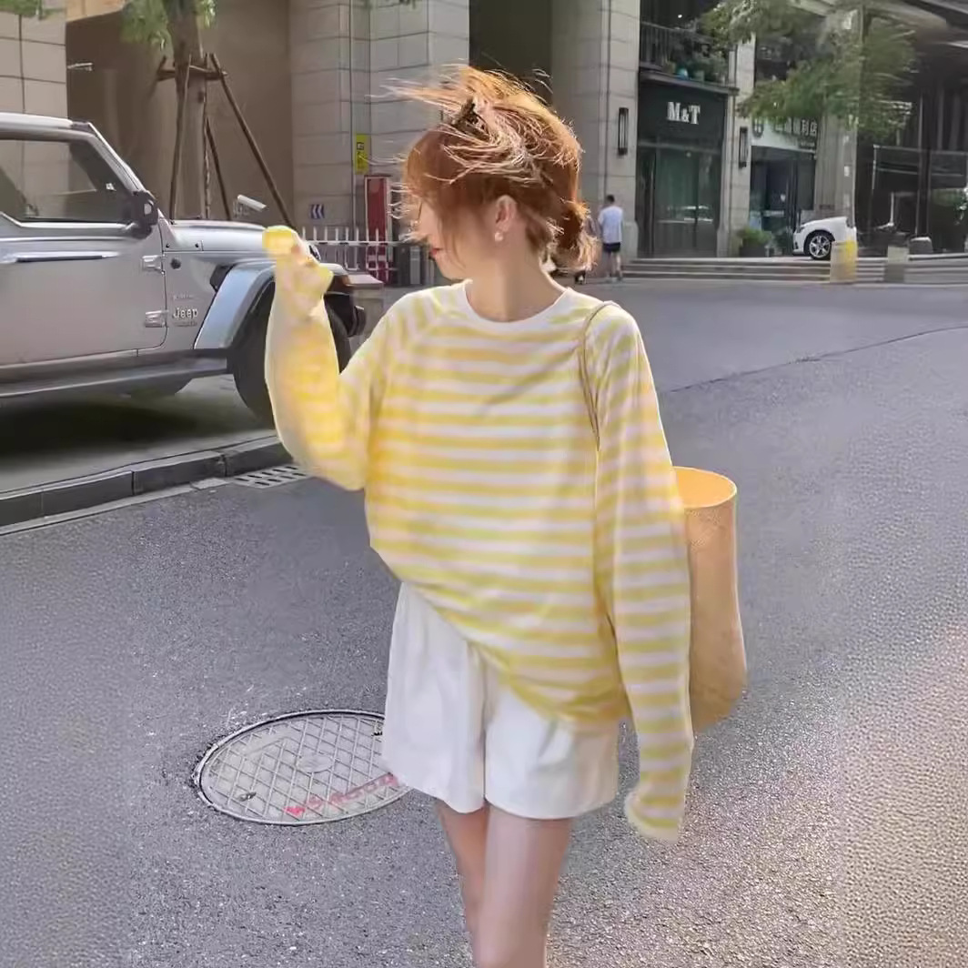 Color-blocked transparent striped T-shirt for women, long-sleeved, spring/summer, casual, loose, thin, sun-protective, top.