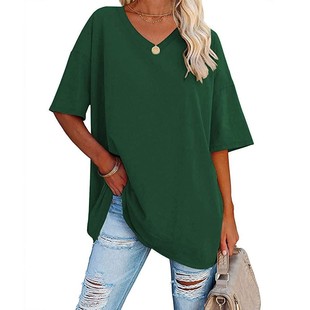 2024 Amazon Women's Cross-border European and American Women's T-shirt Loose Top V-neck Solid Color Casual Short-sleeved Top