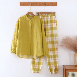 Pure cotton pajamas suit women's autumn long Japanese style cotton yarn long sleeve trousers crepe home wear outer gauze