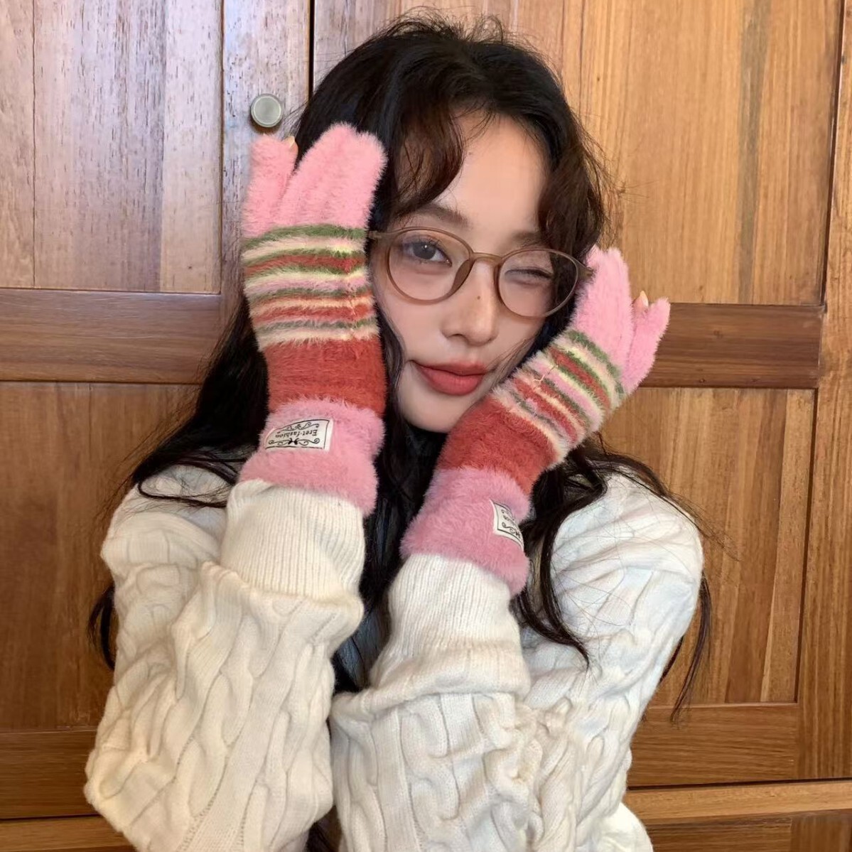 Colorful Striped Soft Gloves for Women 2024 Winter New Five-Finger Fleece Thickened Warm Cold-Proof Cycling Touchscreen