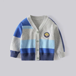 Autumn 2024 Children's Contrast Color V-neck Cardigan Korean Style Cute Embroidered Knitted Coat School Uniform Boy Class A Sweater