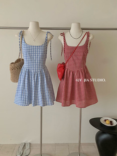 Y.JIA ija margaret girl sweet and spicy style waist plaid suspender dress a-line skirt summer 7009