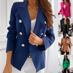 Independent Station Amazon 2021 Cross-border Foreign Trade Autumn and Winter New Solid Color Long Sleeve Double-breasted Suit Jacket Women