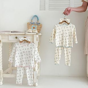 Baby's Home Clothes Autumn New Baby Girl's Long Sleeve Jacquard Printed Cotton Pajamas Two-Piece Set Ear-Edge suit