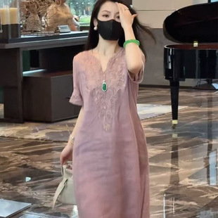 2025 Summer New Arrival Loose Slimming Elegant Long Skirt New Chinese Style Guofeng Heavy Industry Embroidered V-neck dress Women
