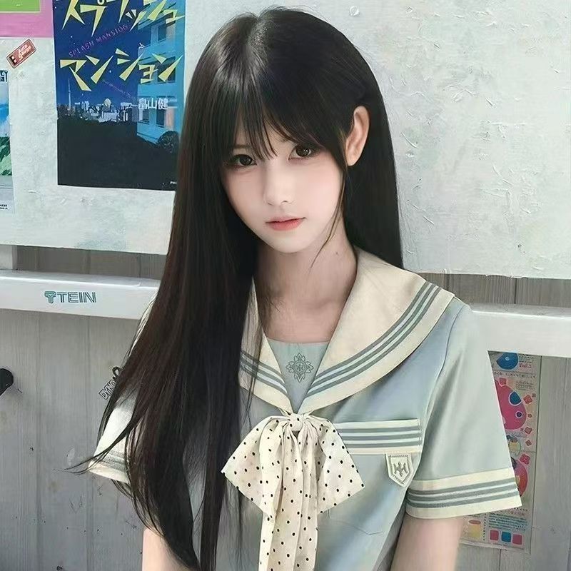 Hairpiece for Women with Long Straight Cold Brown Hair, Sweet Girl Style, Waist-Length Hair with Air Bangs, Summer Vacation Full Wig