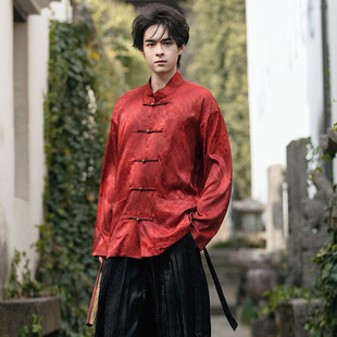 Spring and Summer New New Chinese Satin Seawater Jiangya Jacquard Copper Buckle Buckle Vertical Collar Long Sleeve Blouse for Men and Women