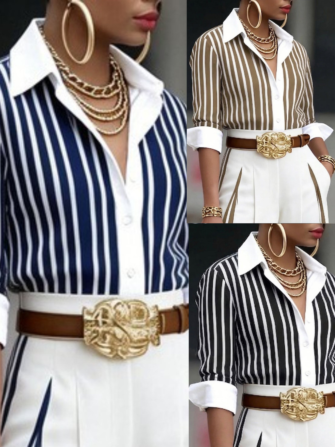 Cross-Border European and American Style Striped Shirt for Women with Contrasting Color Lapels, Long Sleeves, Slim Fit, Elegant, Suitable for Commuting and Office Wear