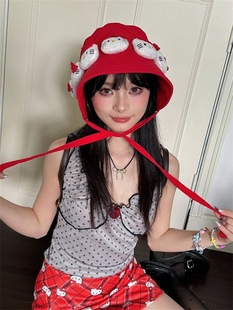 Subculture homemade cat red plaid sun hat y2k cute sweet travel fisherman hat summer all-match