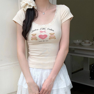 Cute Bm Style Printed T-shirt Women's Sweet Spice Girl Lace Bow Slim-fit Sexy Tight Elegant Top with Chest Pad