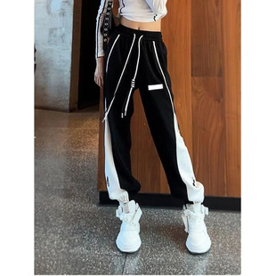 Spring and Summer new casual harem pants high waist slimming ankle-tied pants loose sports pants contrast color stitching sweatpants for women