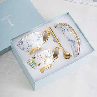 European Style Pastoral Style Coffee Cup suit European Style Cup and Saucer English Style Afternoon Tea Cup Household Coffee Cup Ceramic Blue and Flower
