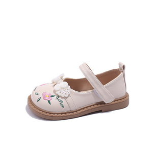 Girls' Princess Shoes Embroidered Ethnic Style 2024 Autumn Children's Leather Shoes Soft Sole Baby Girls' Shoes