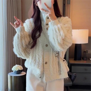 Lazy Style High Collar Imitation Mink Velvet Knitted Cardigan Jacket Women's Autumn and Winter 2024 New Loose High-grade Sweater Top